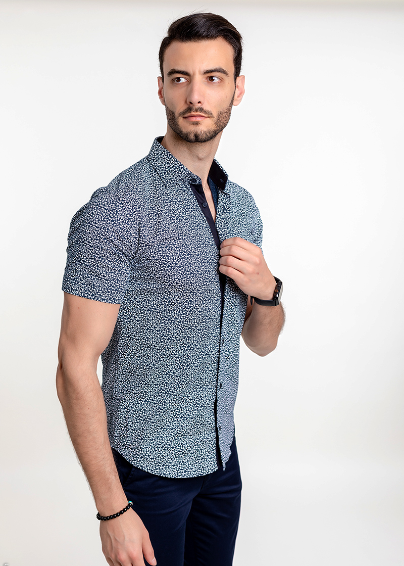 evasion chemise demi manche fleur bleu ref 201